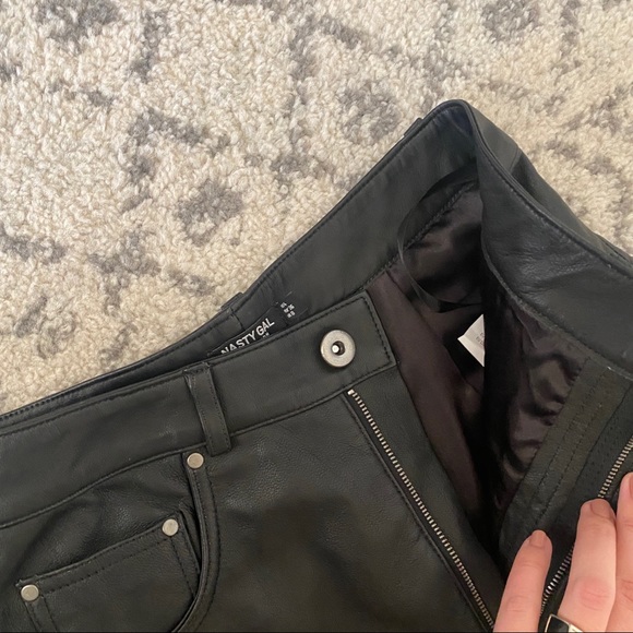 Nasty Gal Leather High Waisted Slit Pants black straight leg real hem premium - Picture 8 of 12